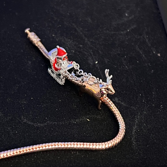 Double Christmas Charm Silver Santa Claus Charm Chained To A Reindeer Charm - Picture 3 of 7